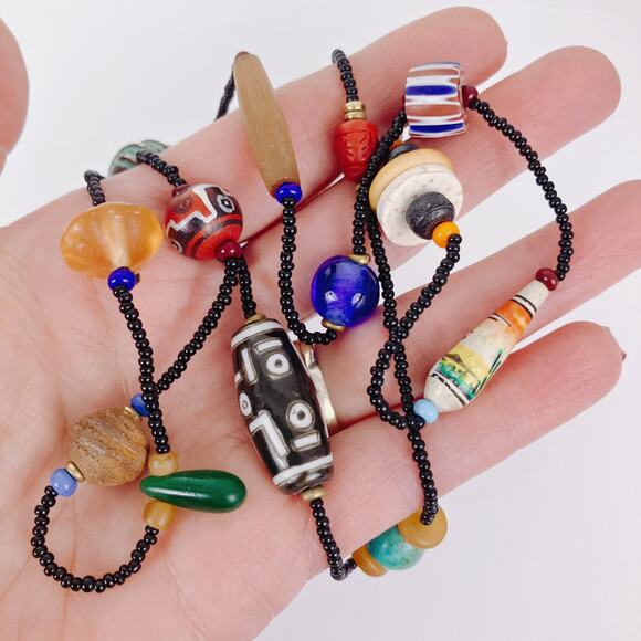Vintage Artisan Beaded Necklace Mixed Glass Wood Ceramic Boho Trade Bead Jewelry - Picture 3 of 16